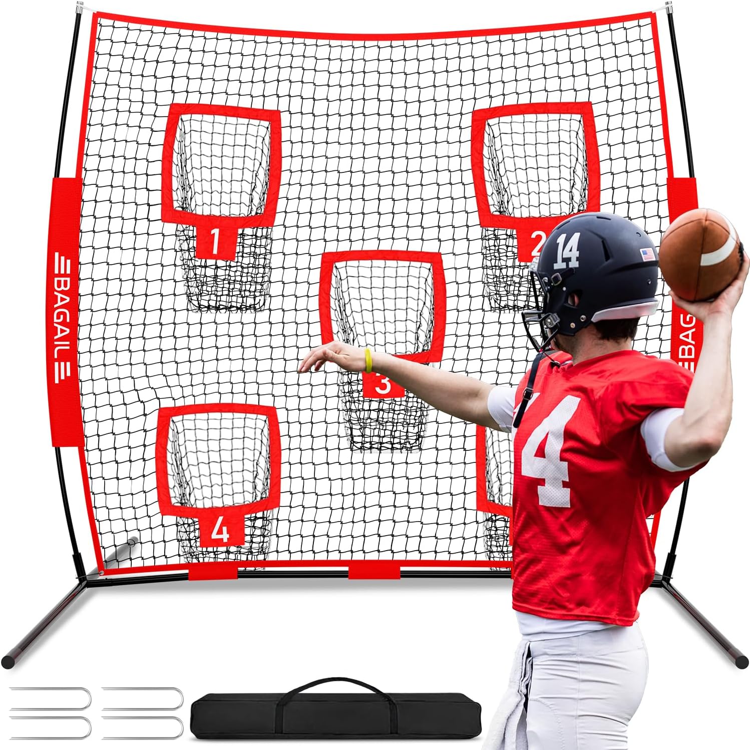 BAGAIL Football Throwing Net - 9 Target Pockets, Easy Setup, Heavy-Duty - Portable QB Accuracy Trainer, Fun Target Practice Net for Football with Carry Bag